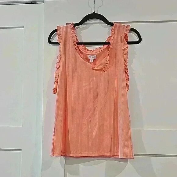 True Craft NWT coral ribbed ruffle v-neck tank size L - Picture 1 of 8
